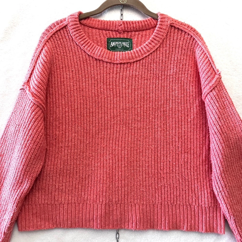 American Eagle M Coral Ribbed Knit Chunky Cropped Crewneck Sweater Relaxed Drop